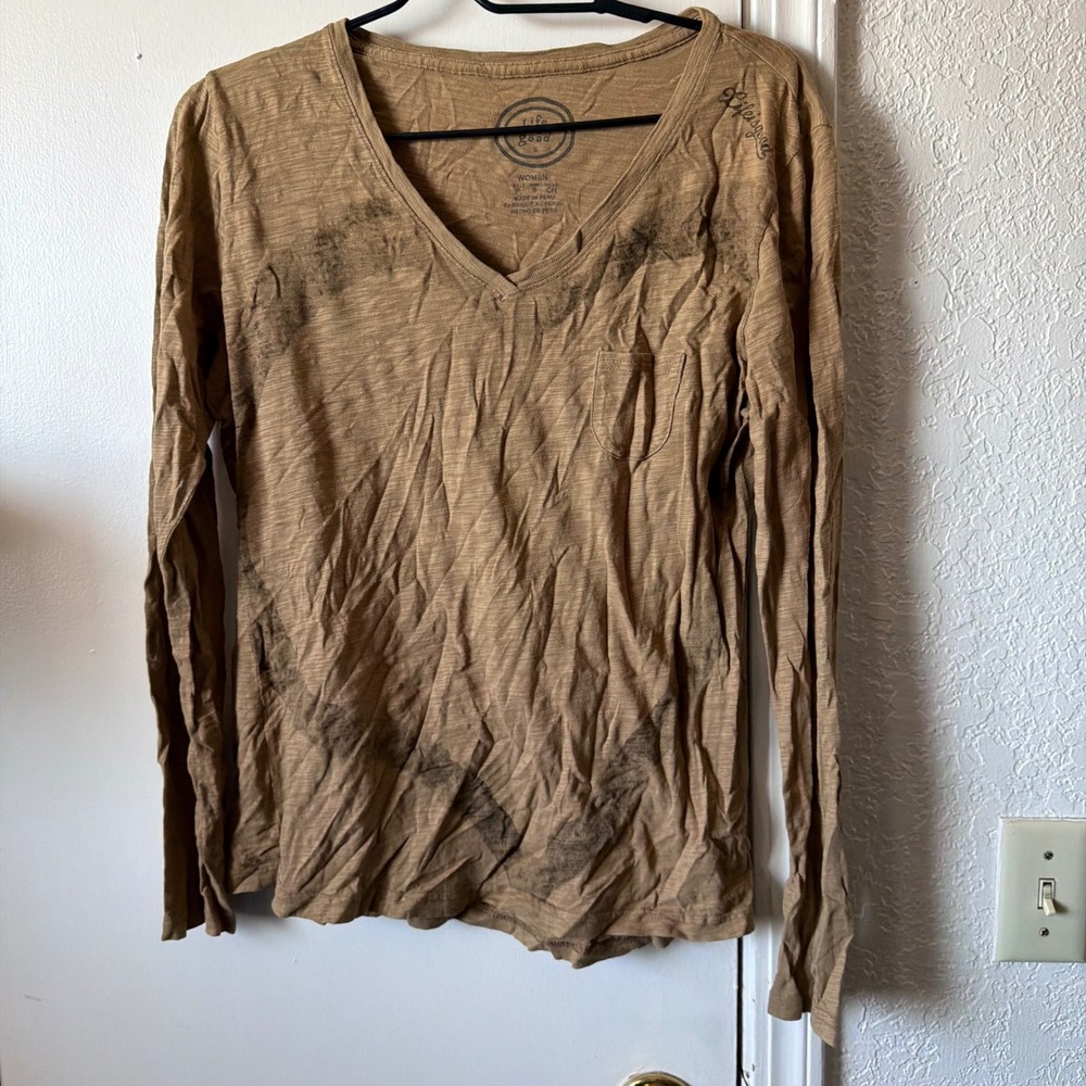 Life is Good Womens Brown V-Neck heart Long Sleeve Slub Cotton Pocket Tee Small